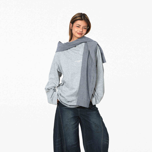 Sudadera Cuadriculada con Capucha Falsa Dos Piezas - Manga Larga Casual