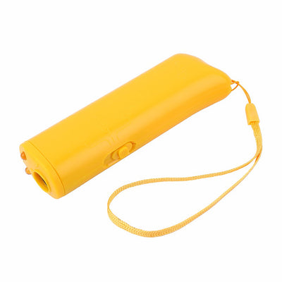 Black handheld ultrasonic dog repeller and trainer with a flashlight, featuring a slider switch and activation button. - Image 6