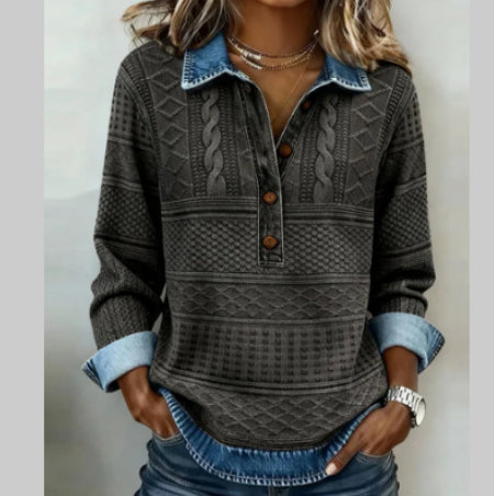 Blusa Retro de Cuello Alto con Estampado y Manga Larga - Image 12