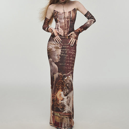 Vestido Largo Ajustado con Diseño Estampado y Cobertura de Cadera