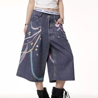 Jeans Cortos Estampado Cadena Retro para Mujer