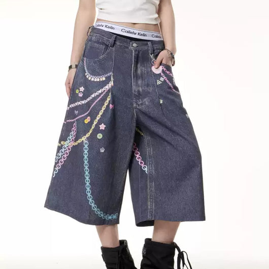 Jeans Cortos Estampado Cadena Retro para Mujer