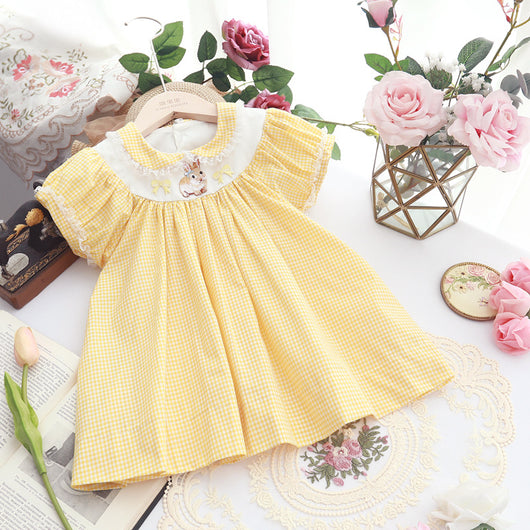 Vestido Infantil Cuadros Amarillo con Bordado Retro - Image 5