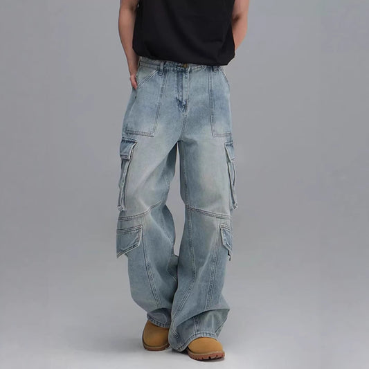 Pantalones Vaqueros de Trabajo Multibolsillos Lavados - Corte Ancho Casual para Hombre