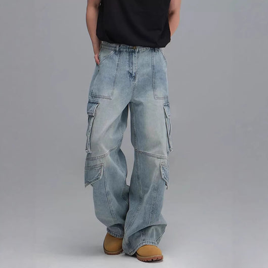Pantalones Vaqueros de Trabajo Multibolsillos Lavados - Corte Ancho Casual para Hombre
