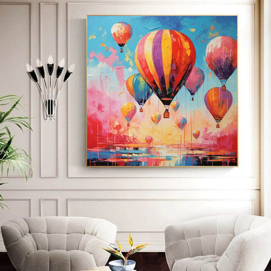 Cuadro Decorativo Pintura al Óleo Globo Aerostático Romántico para Sala de Estar
