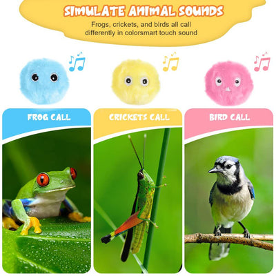 Three plush interactive cat toy balls in blue, yellow, and pink, each with cartoon eyes, shown with a size measurement. - Image 13