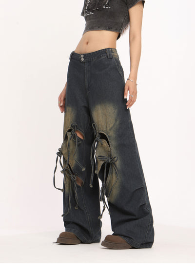 Pantalones Vaqueros Rotos con Cordones Cintura Alta Pierna Recta Mujer - Image 10