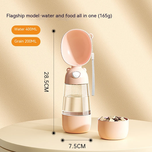 Yellow portable pet water bottle with clear reservoir, built-in drinking bowl, and wrist strap, 28cm tall. - Image 14