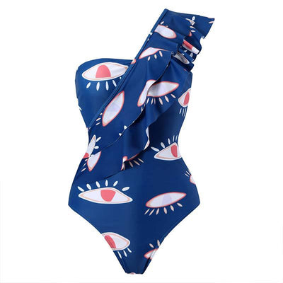 Navy blue mesh sarong with a white and red abstract eye pattern, featuring a tie-front waist and ruffled maxi hem. - Image 4