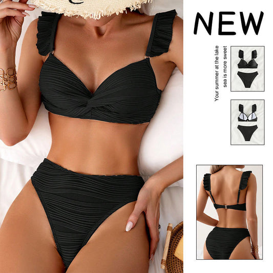 Black ruched high-waisted bikini swimsuit with ruffled shoulder straps and a twisted front detail. - Image 2