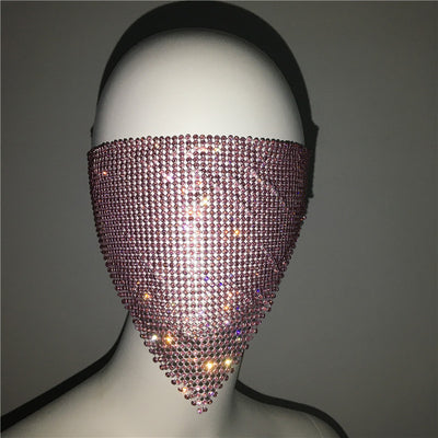 Gold rhinestone mask made of metal mesh, covering the face from the eyes to below the chin, displayed on a white mannequin head. - Image 16