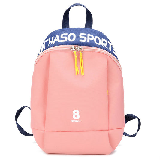 Light blue children's backpack with "TOCHASO SPORTS" text, a number 8, and yellow zipper pulls.