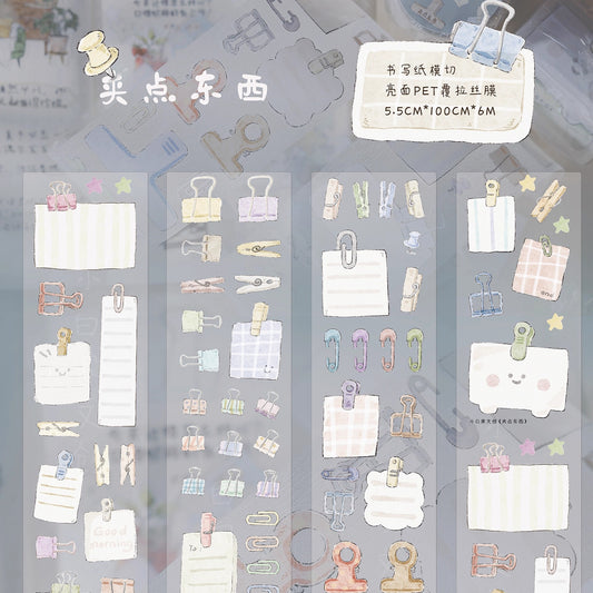 Die-cut PET tape stickers featuring pastel hand-drawn stationery like binder clips, paper clips, notepads, and clothespins.