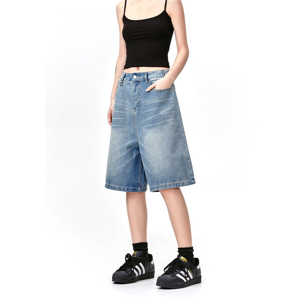 Pantalones Vaqueros Cropped Retro Americano con Patrón Barba de Gato Delavado