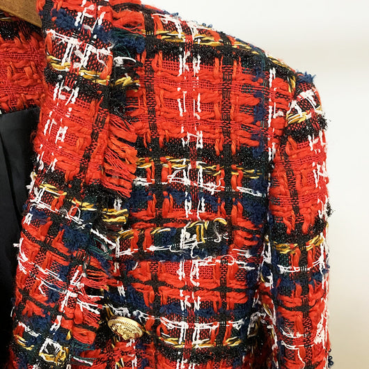 Blazer Tweed Cuadros Doble Botonadura con Cuello Flequeado - Image 9