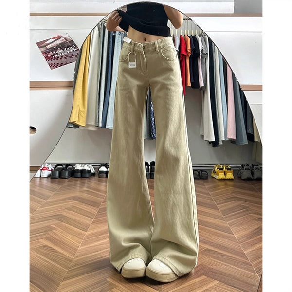 Pantalón Vintage Ancho de Talle Alto en Beige - Corte Acampanado Largo