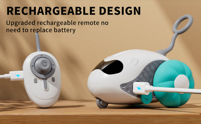 Interactive cat toy with white robotic base, orange wheels, and feather attachment, controlled by a remote, with a cat looking on. - Image 16