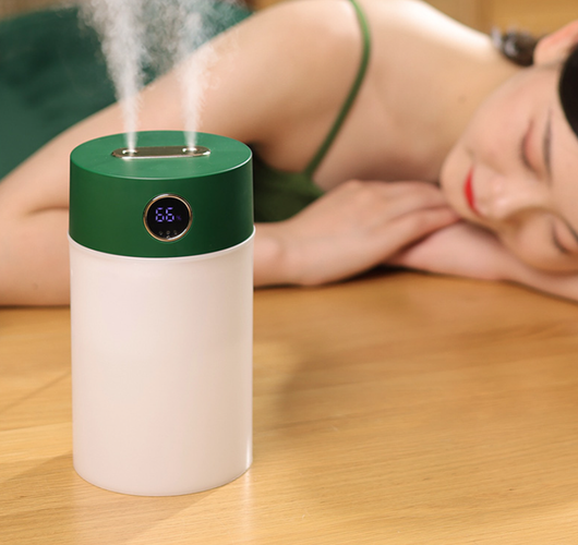 White cylindrical humidifier with a gold nozzle emitting mist, featuring a subtle bear emblem. Includes five aromatherapy oil bottles. - Image 19