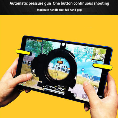 Black and yellow smartphone gamepad with a trigger button, shown from front and side views for mobile gaming. - Image 10