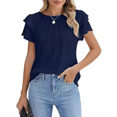 Blusa Ejecutiva Plisada de Manga Corta Cuello Redondo - Image 4
