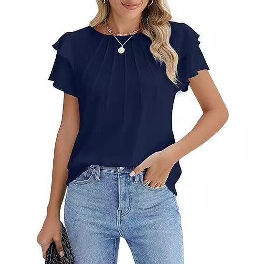 Blusa Ejecutiva Plisada de Manga Corta Cuello Redondo - Image 4