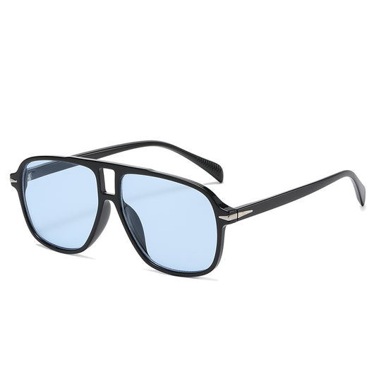 Retro aviator sunglasses with a black full frame and light blue lenses, featuring a double beam design. - Image 10