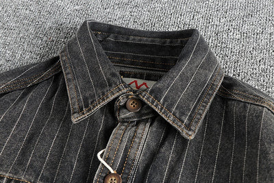Camisa Denim Retro Británica a Rayas Negras y Grises para Hombre - Image 11