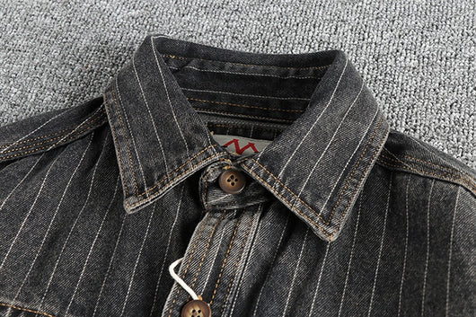 Camisa Denim Retro Británica a Rayas Negras y Grises para Hombre - Image 11