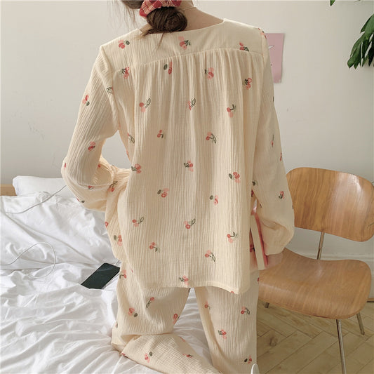 Pijama Largo de Algodón para Mujer con Encaje Floral - Image 2