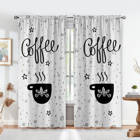 White polyester curtains with a black and white cartoon coffee print, featuring "Coffee" script, steaming cups, and scattered beans and stars. - Image 2