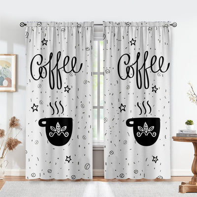 White polyester curtains with a black and white cartoon coffee print, featuring "Coffee" script, steaming cups, and scattered beans and stars. - Image 2