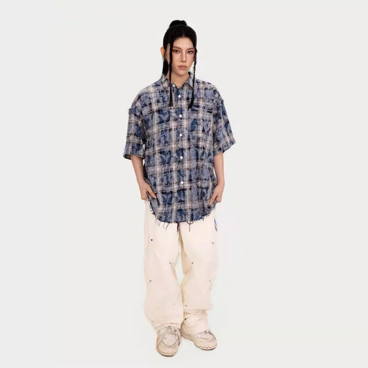 Camisa Americana Tie-dye Cuadros Manga Corta con Estilo - Image 10