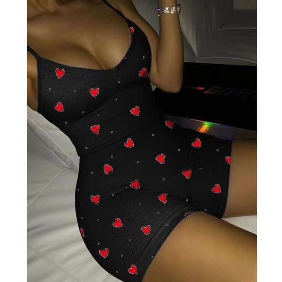 Jumpsuit Casual con Escote V y Estampado Corazón Durazno para Mujer