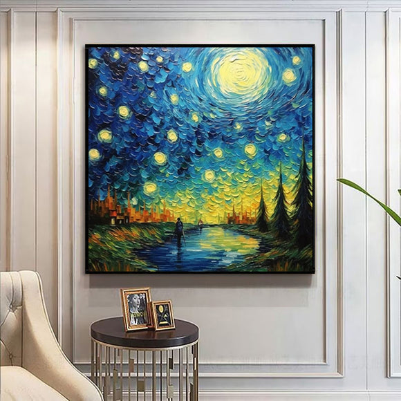 Cuadro Abstracto Cielo Estrellado - Pintura al Óleo Moderna Hecha a Mano para Sala de Estar