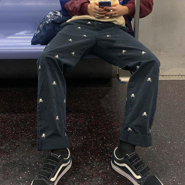 Pantalones Rectos Holgados Tibetanos con Estampado Calavera Azul