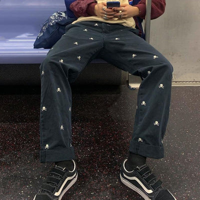 Pantalones Rectos Holgados Tibetanos con Estampado Calavera Azul