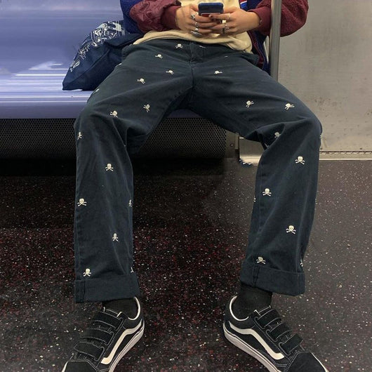 Pantalones Rectos Holgados Tibetanos con Estampado Calavera Azul