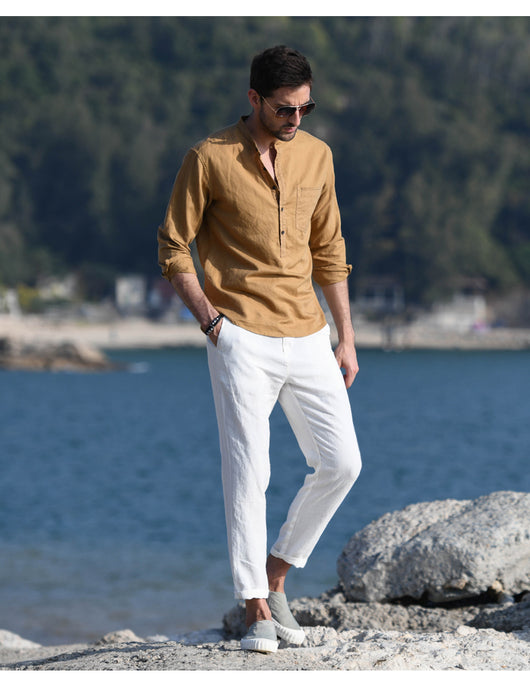 Camisa Casual de Lino y Algodón con Cuello Mao para Hombre - Image 21