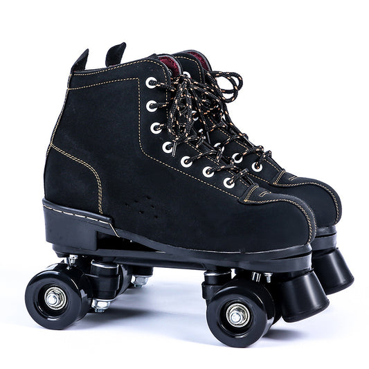 Patines de Cuatro Ruedas en Cuero Negro - Doble Fila