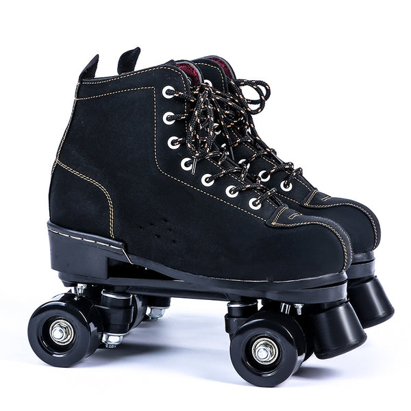 Patines de Cuatro Ruedas en Cuero Negro - Doble Fila