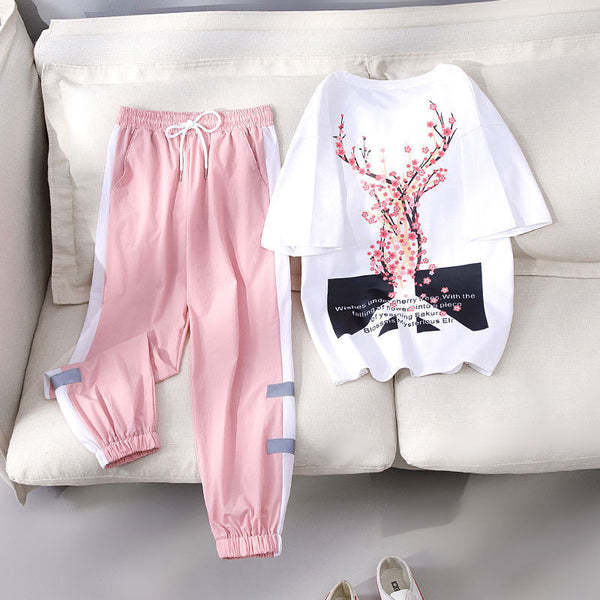 Conjunto Deportivo Casual Mujer Verano Estilo Coreano - Blusa Manga Corta y Pantalón Suelto Reductor