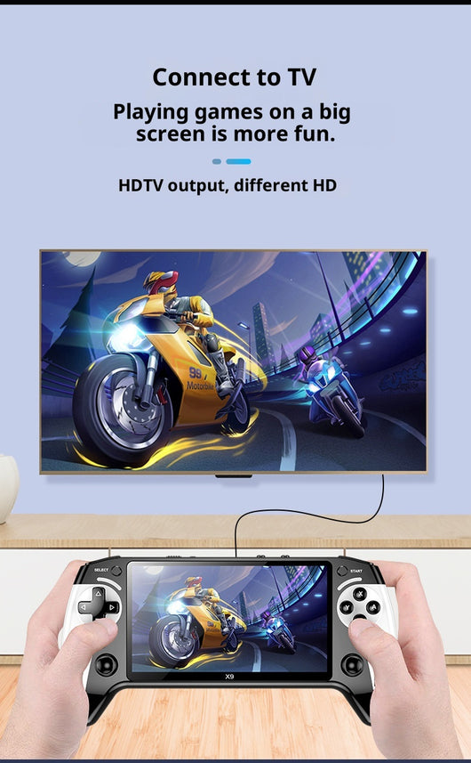 Black and white X9 portable handheld gaming console with a large screen displaying a racing game. - Image 14