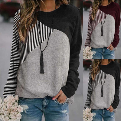 Suéter Mujer Cuello Redondo Manga Larga con Detalles de Costura a Contraste