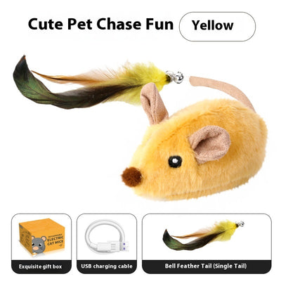 Gray plush electric mouse cat toy with black ears and eyes, featuring a yellow and green feather tail with a bell. Includes a USB charging cable and gift box. - Image 8