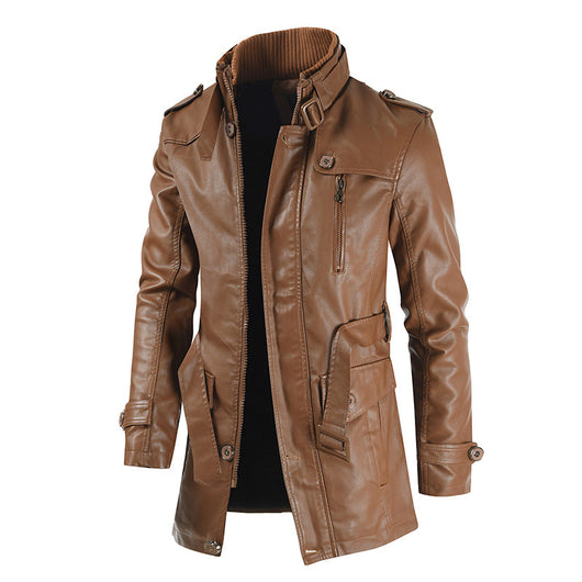 Abrigo de Cuero Largo Tipo Gabardina con Cuello Tipo Polo para Hombre Talla Grande - Image 3