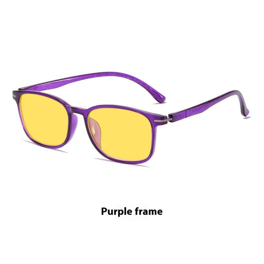 Purple frame glasses with yellow night vision lenses, featuring a subtle glitter effect on the temples. - Image 8