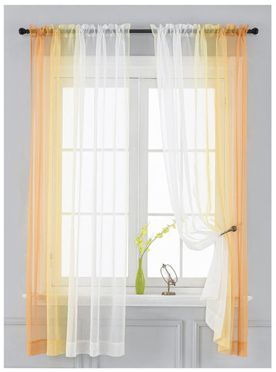 Pink and white gradient sheer rod pocket curtain panels hung on a black rod in front of a window. - Image 11