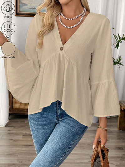 Blusa Cuello V con Mangas Volantes en Colores Sólidos - Image 32