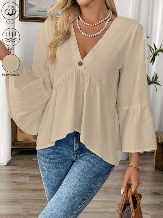Blusa Cuello V con Mangas Volantes en Colores Sólidos - Image 32